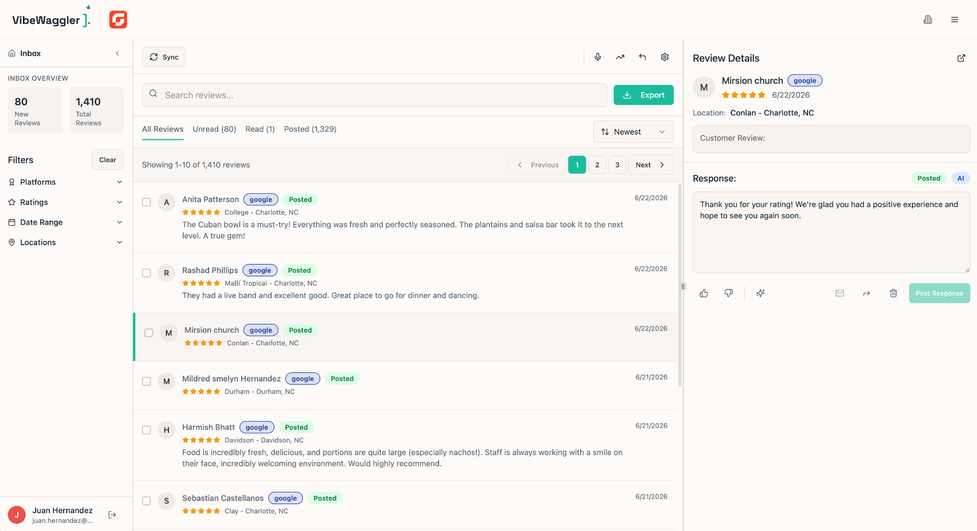 VibeWaggler unified review inbox screenshot
